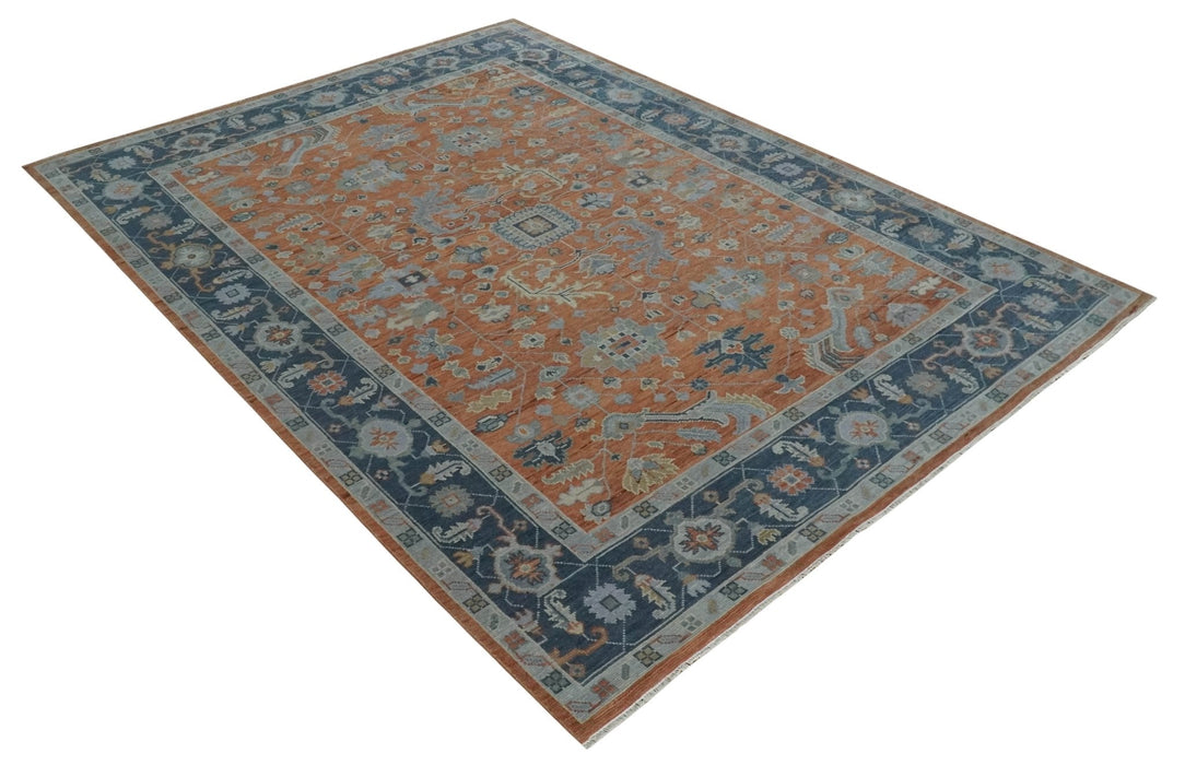 Rust, Blue and Silver Hand Knotted Traditional Multi Size Oushak Wool Area Rug