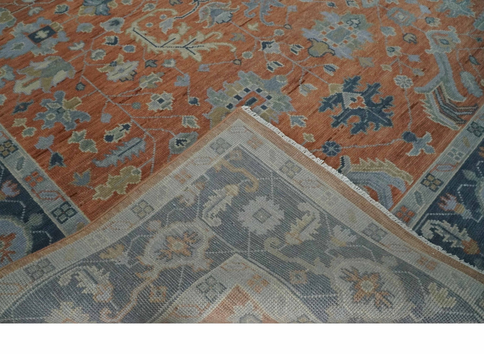 Rust, Blue and Silver Hand Knotted Traditional Multi Size Oushak Wool Area Rug