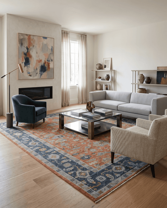 Rust, Blue and Silver Hand Knotted Traditional Multi Size Oushak Wool Area Rug