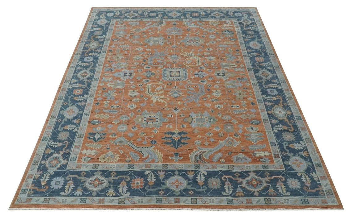 Rust, Blue and Silver Hand Knotted Traditional Multi Size Oushak Wool Area Rug