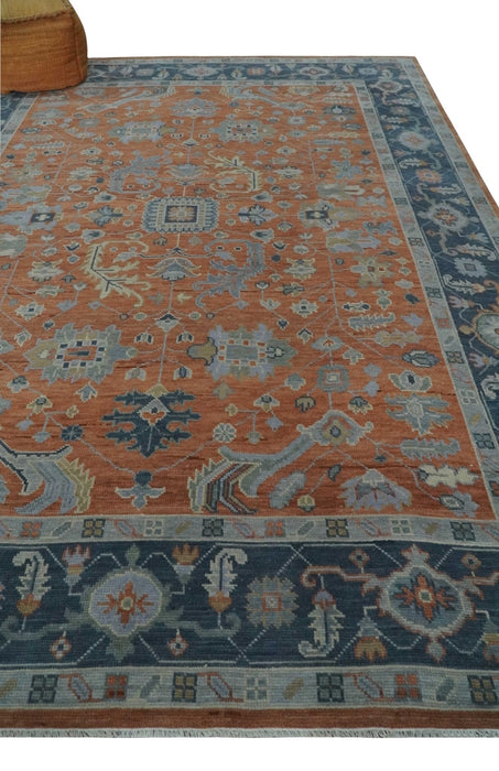 Rust, Blue and Silver Hand Knotted Traditional Multi Size Oushak Wool Area Rug