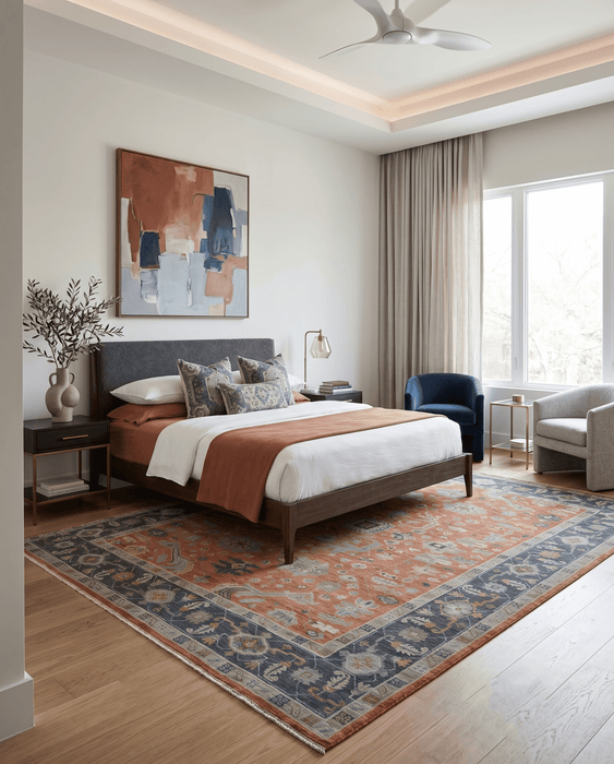 Rust, Blue and Silver Hand Knotted Traditional Multi Size Oushak Wool Area Rug
