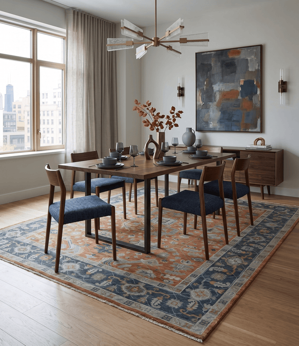 Rust, Blue and Silver Hand Knotted Traditional Multi Size Oushak Wool Area Rug