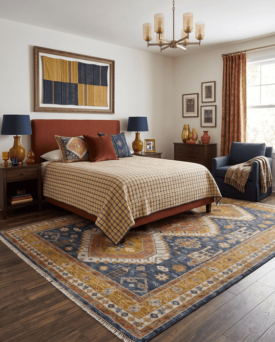 Rust, Gold and Blue Traditional Hand knotted Custom Made wool Area Rug
