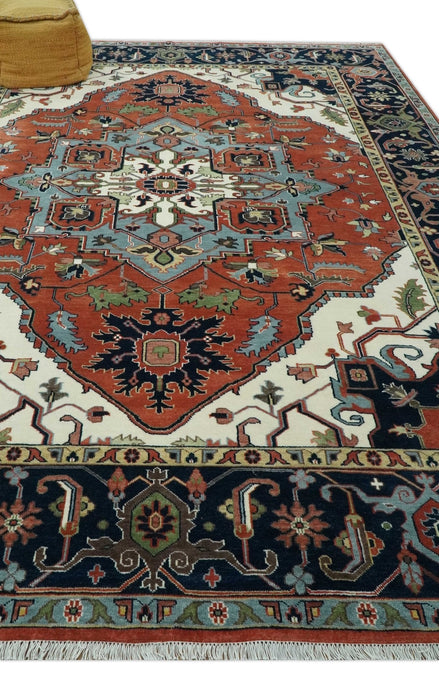 Rust, Ivory and Blue Fine Hand Knotted Traditional Heriz 9x12 wool area rug