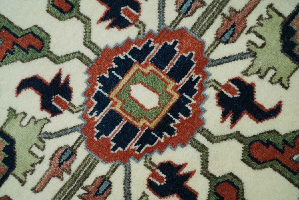 Rust, Ivory and Blue Fine Hand Knotted Traditional Heriz 9x12 wool area rug