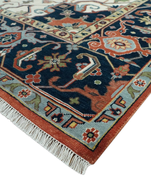 Rust, Ivory and Blue Fine Hand Knotted Traditional Heriz 9x12 wool area rug