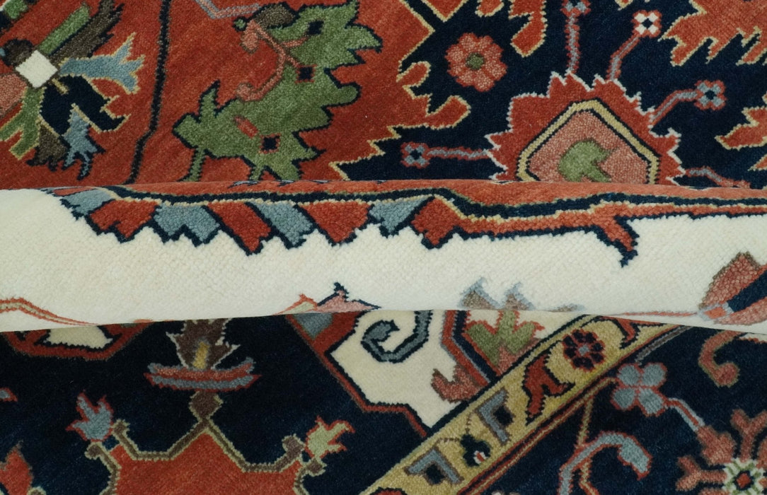 Rust, Ivory and Blue Fine Hand Knotted Traditional Heriz 9x12 wool area rug