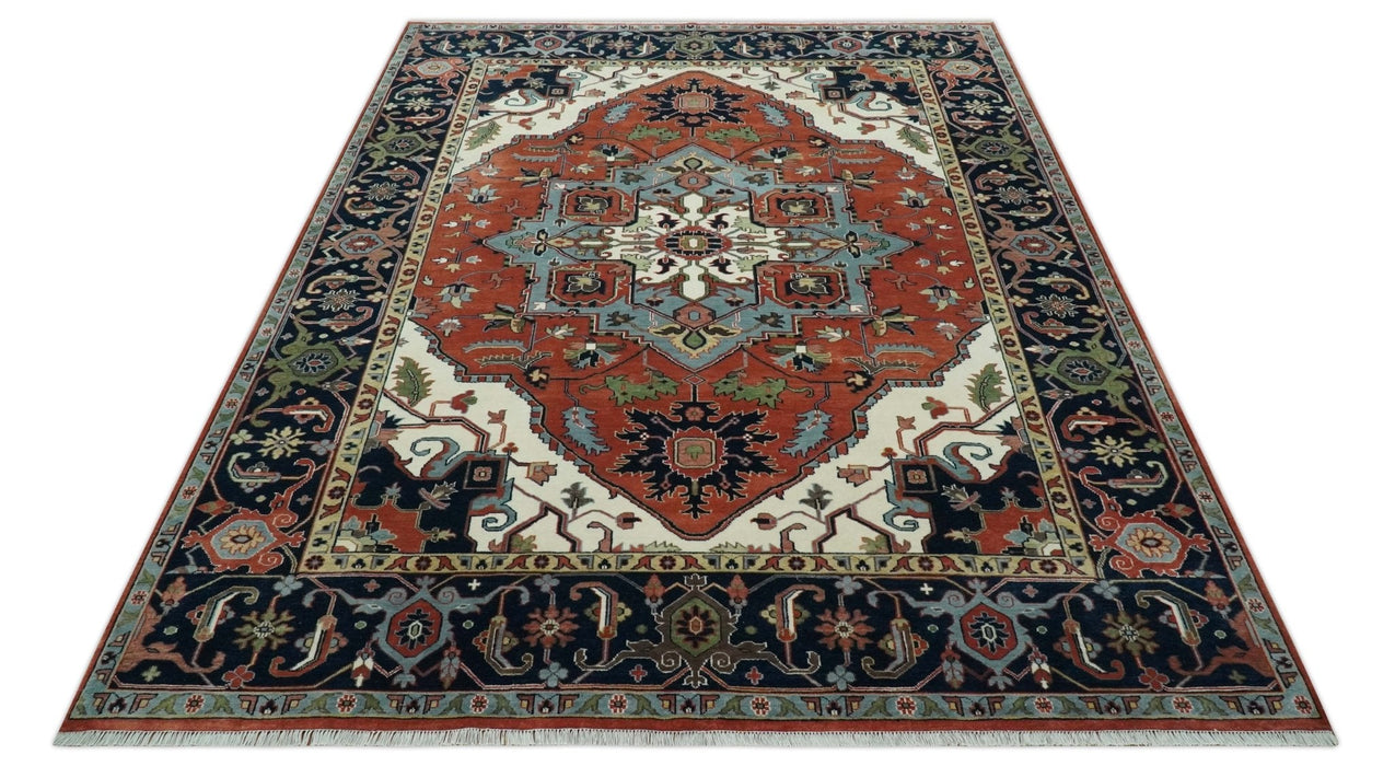 Rust, Ivory and Blue Fine Hand Knotted Traditional Heriz 9x12 wool area rug