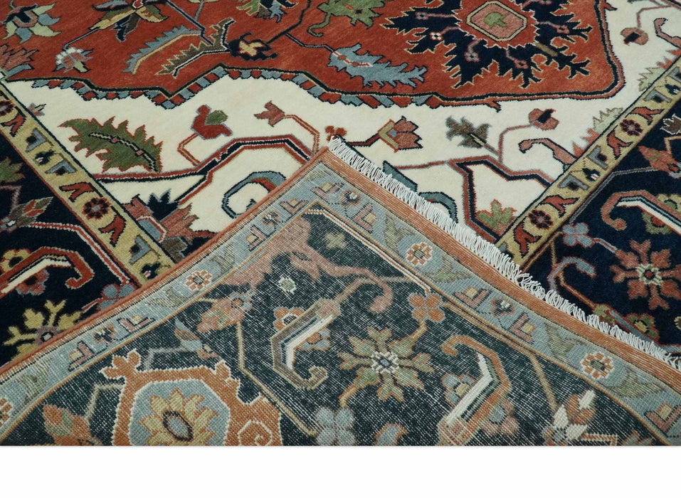 Rust, Ivory and Blue Fine Hand Knotted Traditional Heriz 9x12 wool area rug