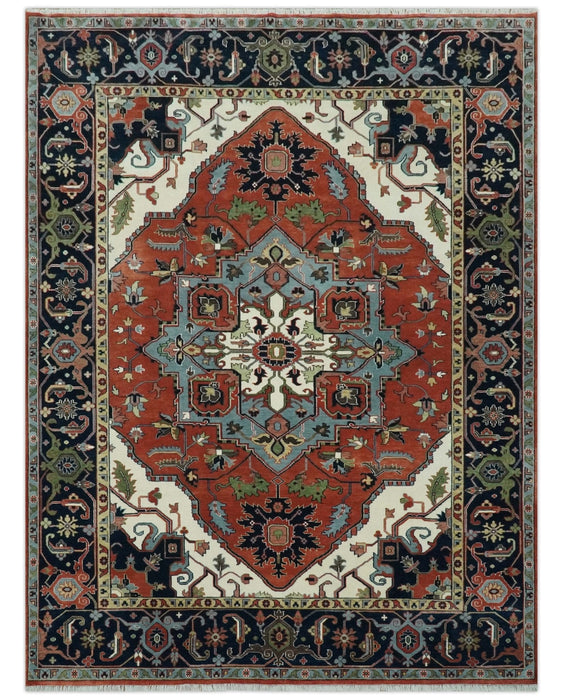 Rust, Ivory and Blue Fine Hand Knotted Traditional Heriz 9x12 wool area rug