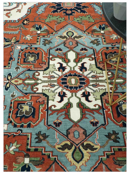 Rust, Ivory and Blue Fine Hand Knotted Traditional Heriz 9x12 wool area rug