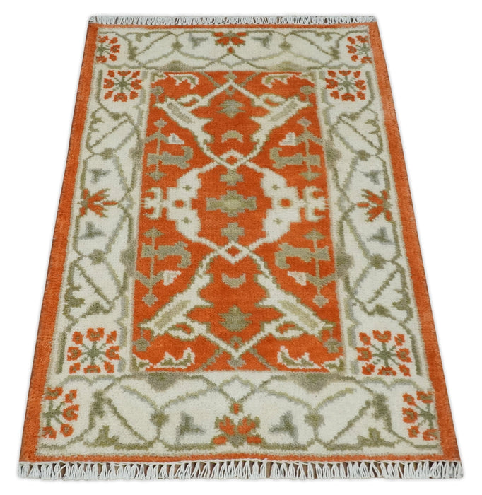 Rust, Ivory and Olive hand knotted 2x3 Oriental Oushak Wool Area Rug