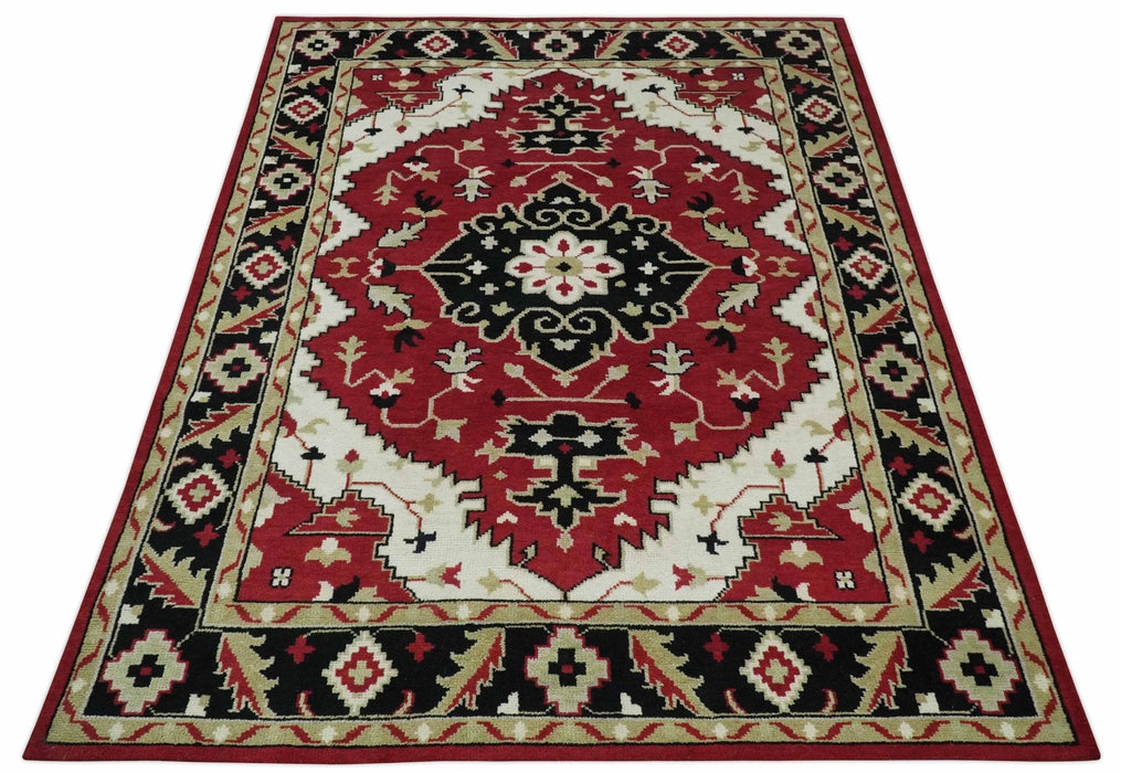 Red, Ivory, Black and Beige 8x10 Hand Knotted Traditional Heriz wool Rug