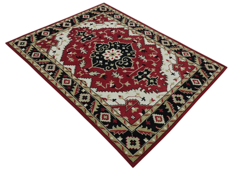 Red, Ivory, Black and Beige 8x10 Hand Knotted Traditional Heriz wool Rug
