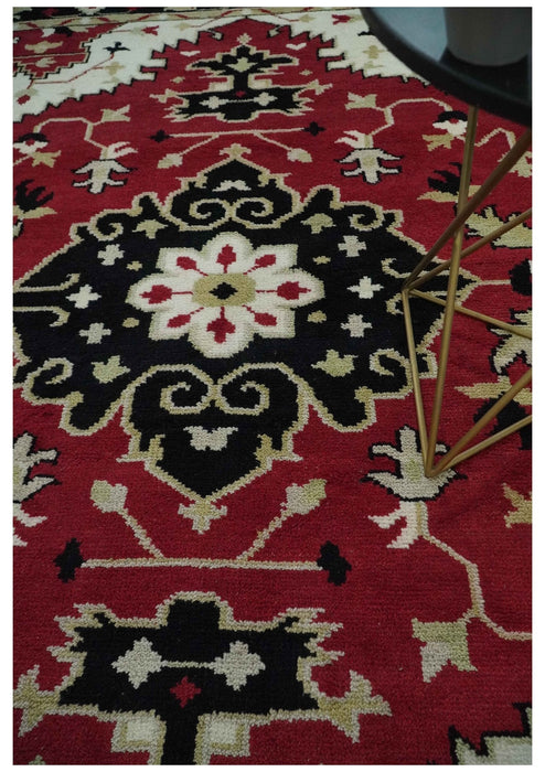 Red, Ivory, Black and Beige 8x10 Hand Knotted Traditional Heriz wool Rug