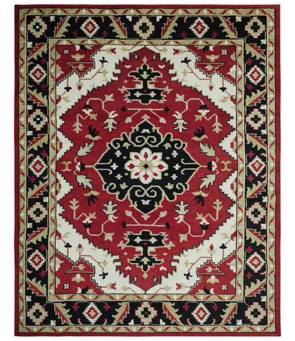 Red, Ivory, Black and Beige 8x10 Hand Knotted Traditional Heriz wool Rug