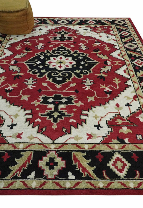 Rust, Ivory, Black and Beige Hand Knotted Traditional Heriz Multi Size wool area Rug