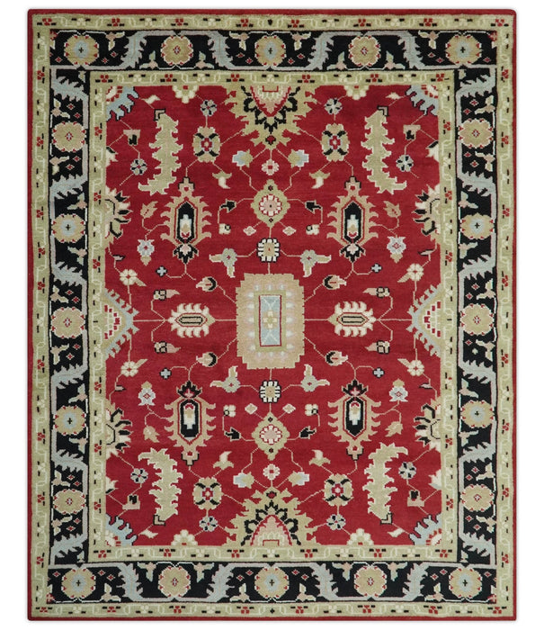 Rust, Olive and Black 8x10 Hand Knotted Traditional Oriental Wool Area Rug