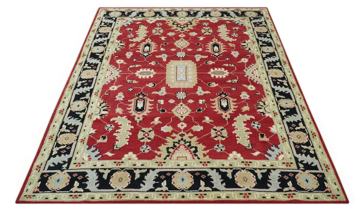 Rust, Olive and Black 8x10 Hand Knotted Traditional Oriental Wool Area Rug
