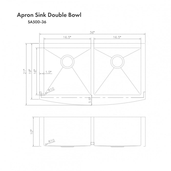 ZLINE 36 in. Niseko Farmhouse Apron Mount Double Bowl Stainless Steel Kitchen Sink with Bottom Grid, SA50D-36