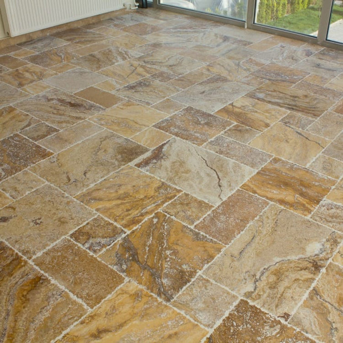 Scabos Antique Pattern Brushed, Chiseled, and Partially Filled Travertine Tile - Livfloors Collection