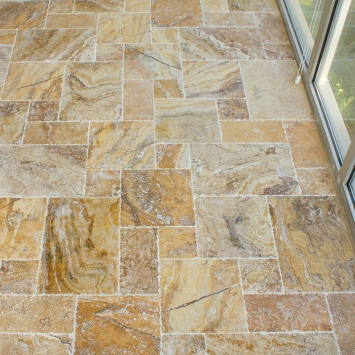 Scabos Antique Pattern Brushed, Chiseled, and Partially Filled Travertine Tile - Livfloors Collection