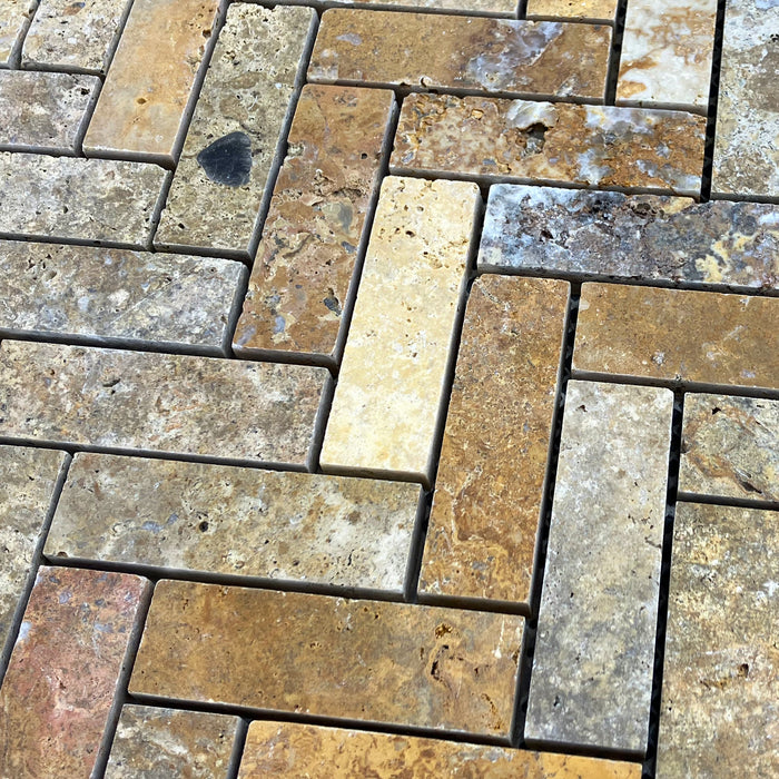 Scabos Travertine 1"x3" Herringbone on 12" x 12" Mesh Mosaic Tile - Belair Collection