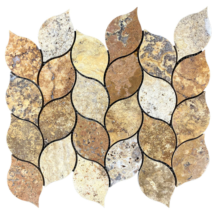 Scabos Travertine Leaf Design on 12" x 12" Mesh Mosaic Tile - Belair Collection
