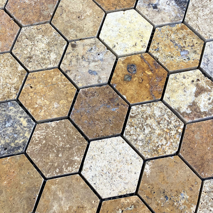 Scabos Travertine 2" Hexagon on 12"x12" Mesh Mosaic Tile - Belair Collection