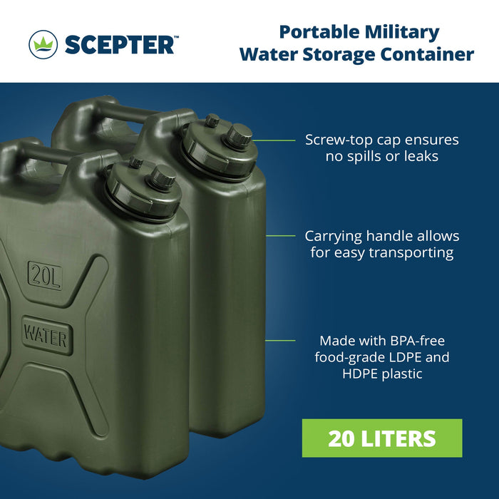 Scepter BPA Durable 5 Gallon Portable Water Storage Container, Green (2 Pack)