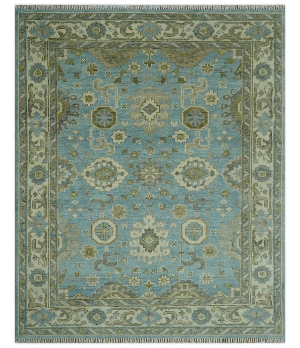 Sea Blue, Green and Ivory 8x10 Hand Knotted Traditional Oriental Oushak wool rug