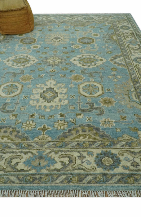 Sea Blue, Green and Ivory Hand Knotted Traditional Oushak Custom Made wool rug