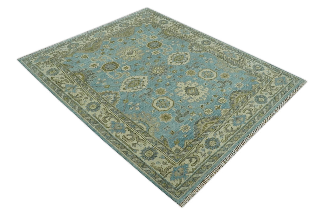 Sea Blue, Green and Ivory Hand Knotted Traditional Oushak Custom Made wool rug