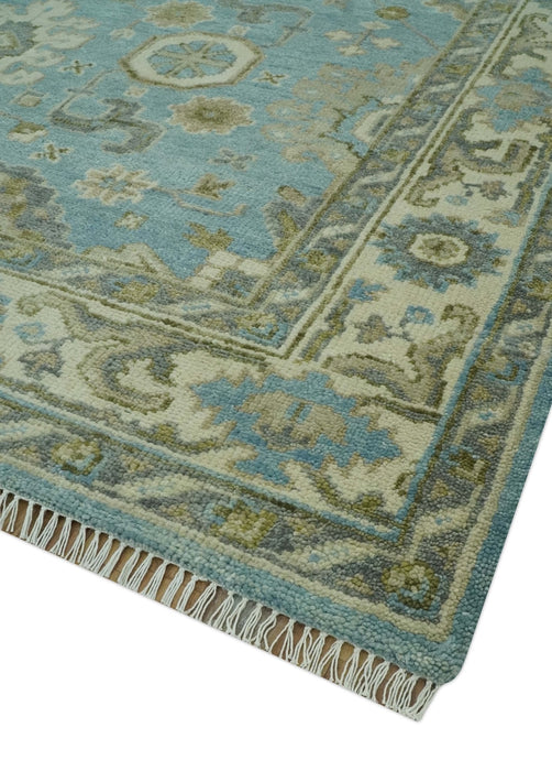 Sea Blue, Green and Ivory Hand Knotted Traditional Oushak Custom Made wool rug