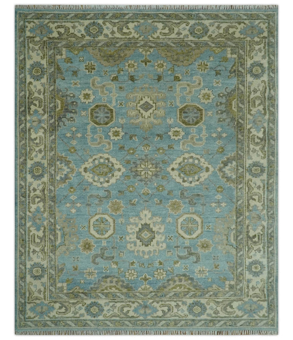 Sea Blue, Green and Ivory Hand Knotted Traditional Oushak Custom Made wool rug