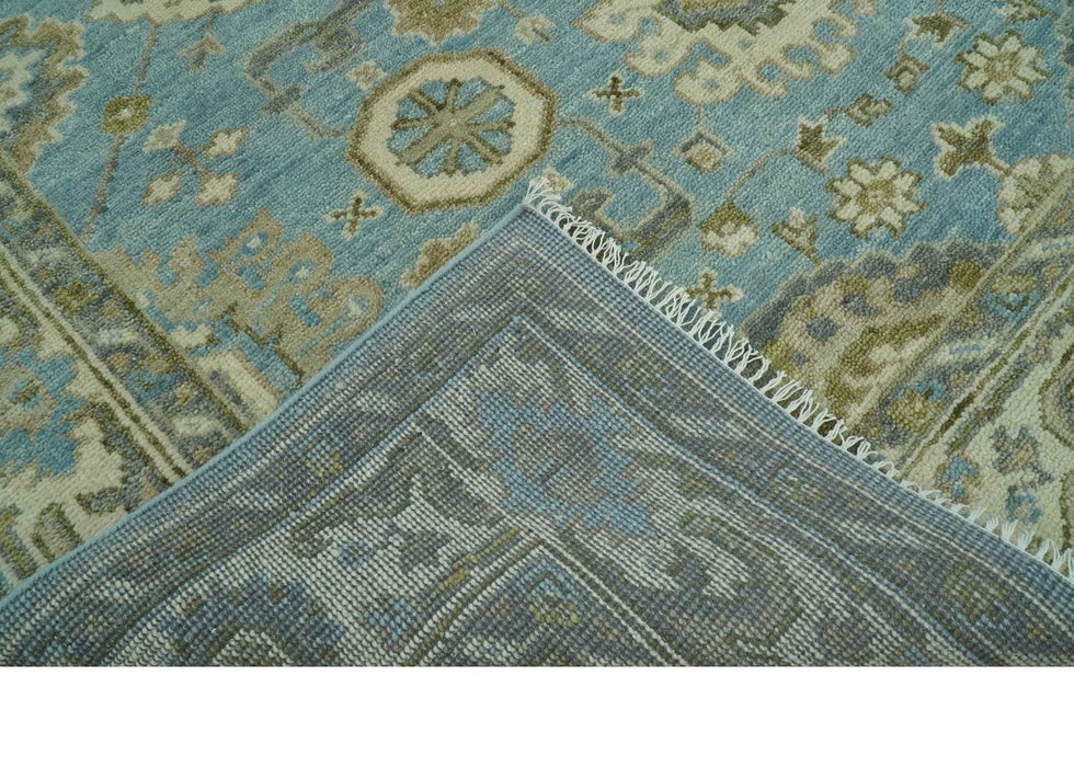 Sea Blue, Green and Ivory Hand Knotted Traditional Oushak Custom Made wool rug