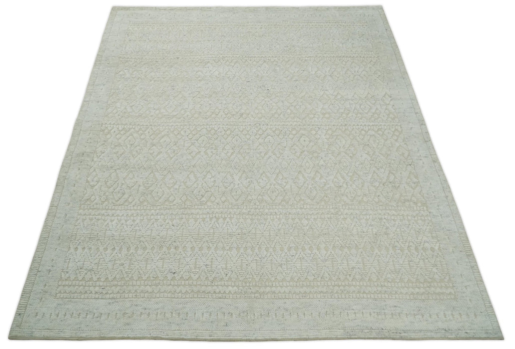 Shabby Chic 8x10 Hand Knotted Woolen Modern Contemporary Beige and Ivory Tribal Area Rug | TRI53742