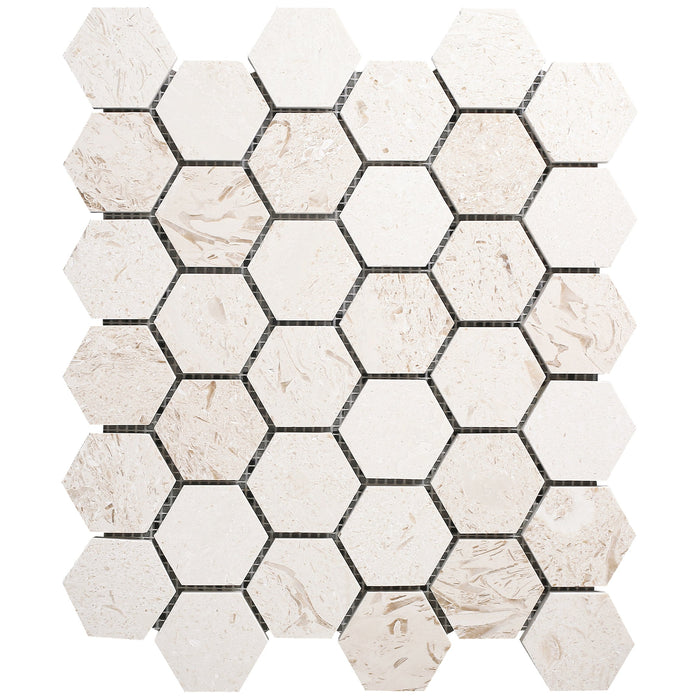 Shell Stone Limestone 2" Hexagon Honed on 12" x 12" Mesh Mosaic Tile - Belair Collection