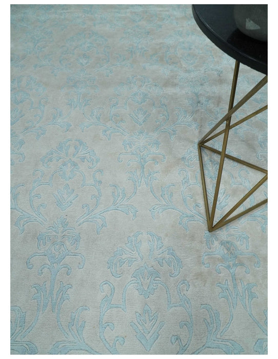 Silky 8x10 Silver and Aqua Handmade Floral Design Art Silk  Area Rug
