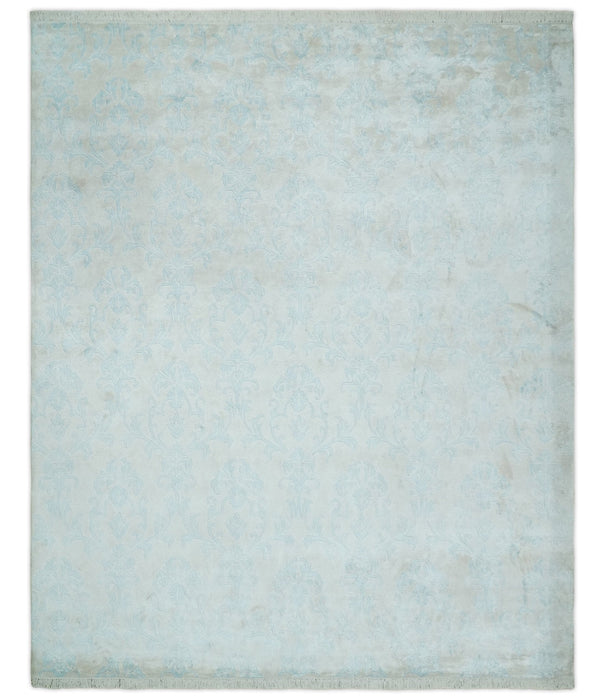 Silky 8x10 Silver and Aqua Handmade Floral Design Art Silk  Area Rug