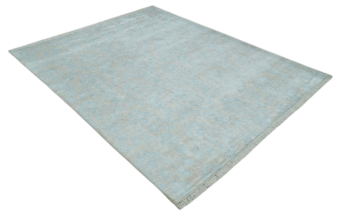 Silky 8x10 Silver and Aqua Handmade Floral Design Art Silk  Area Rug