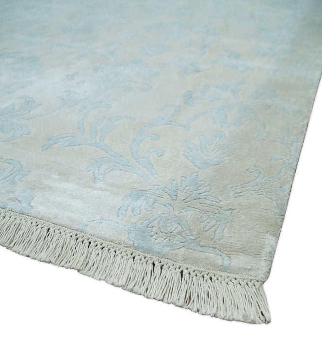 Silky 8x10 Silver and Aqua Handmade Floral Design Art Silk  Area Rug