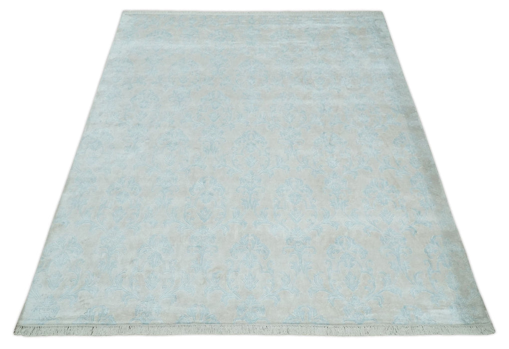 Silky 8x10 Silver and Aqua Handmade Floral Design Art Silk  Area Rug