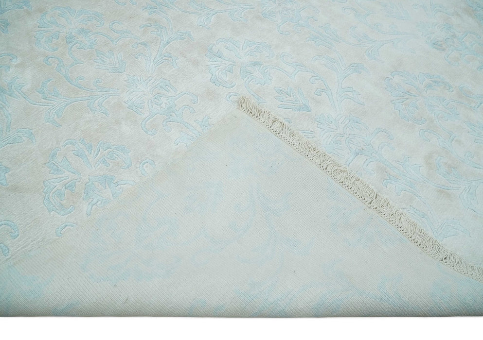 Silky 8x10 Silver and Aqua Handmade Floral Design Art Silk  Area Rug