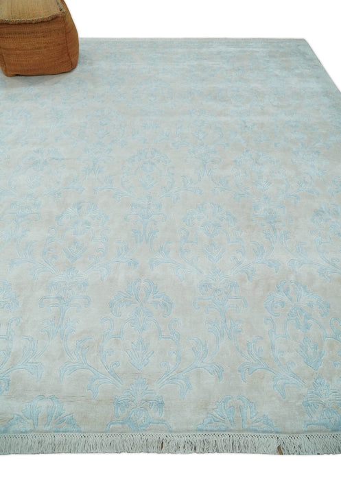 Silky 8x10 Silver and Aqua Handmade Floral Design Art Silk  Area Rug