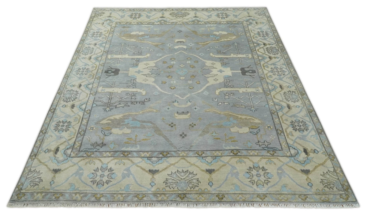 Silver and Beige Hand Knotted 8x10 Oriental Oushak Wool Area Rug, Living Room Rug | TRDCP1152810