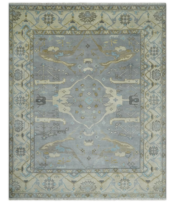Silver and Beige Hand Knotted 8x10 Oriental Oushak Wool Area Rug, Living Room Rug | TRDCP1152810