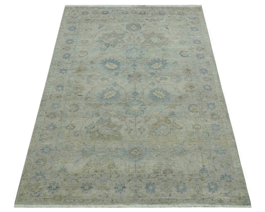 Silver And Beige Traditional Design Hand Knotted 4x5.6 Wool Area Rug