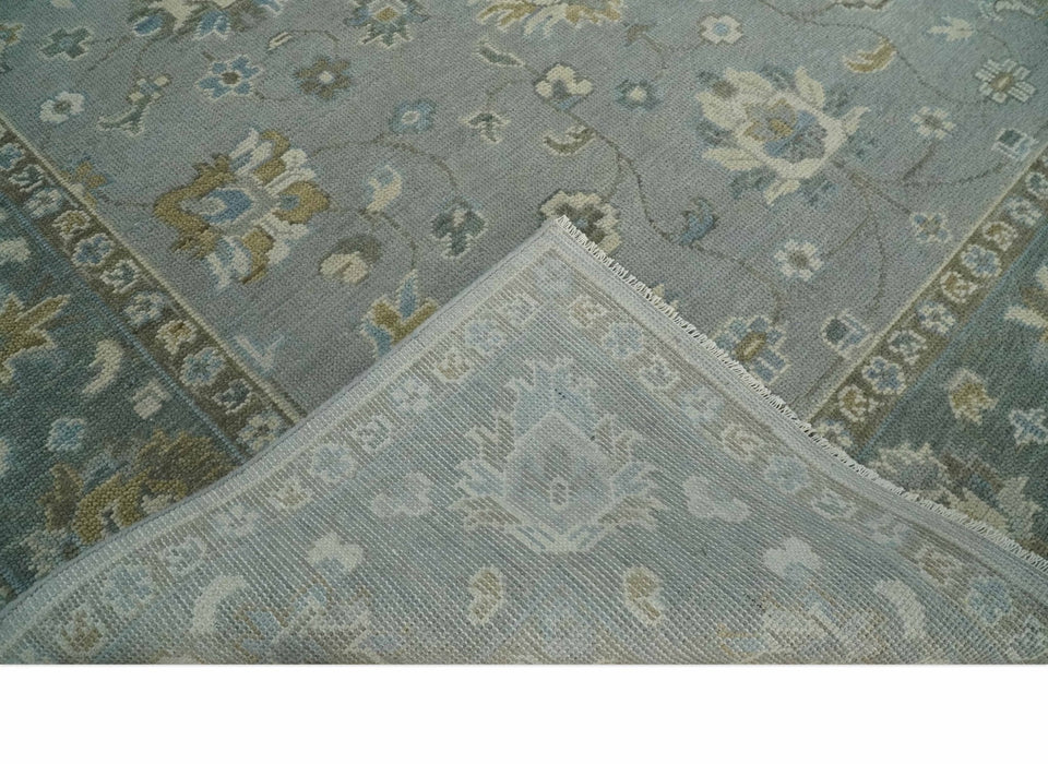 Silver and Brown Antique Traditional Floral Oushak wool area Rug